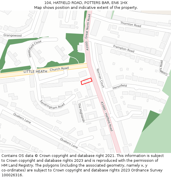 104, HATFIELD ROAD, POTTERS BAR, EN6 1HX: Location map and indicative extent of plot