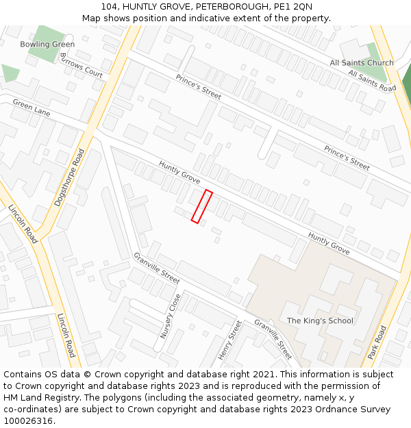 104, HUNTLY GROVE, PETERBOROUGH, PE1 2QN: Location map and indicative extent of plot