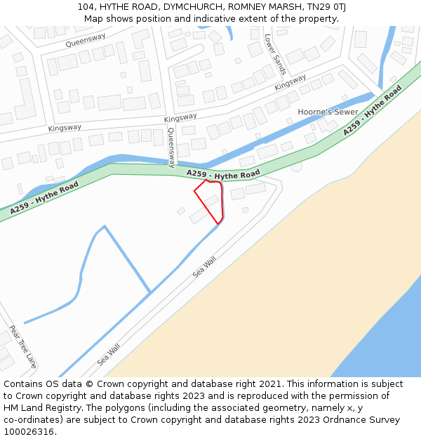 104, HYTHE ROAD, DYMCHURCH, ROMNEY MARSH, TN29 0TJ: Location map and indicative extent of plot