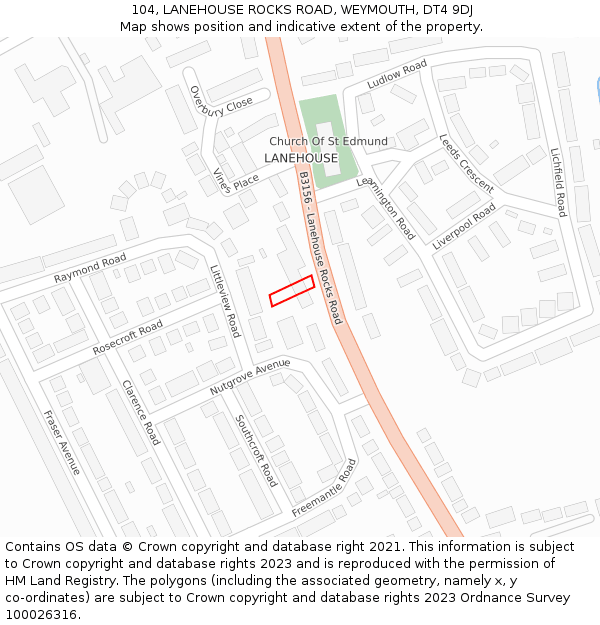 104, LANEHOUSE ROCKS ROAD, WEYMOUTH, DT4 9DJ: Location map and indicative extent of plot