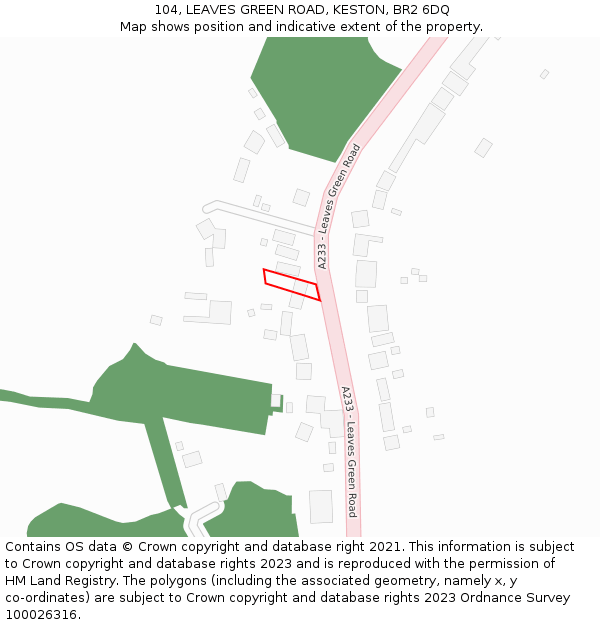 104, LEAVES GREEN ROAD, KESTON, BR2 6DQ: Location map and indicative extent of plot