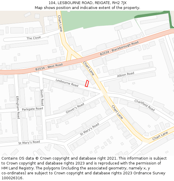 104, LESBOURNE ROAD, REIGATE, RH2 7JX: Location map and indicative extent of plot