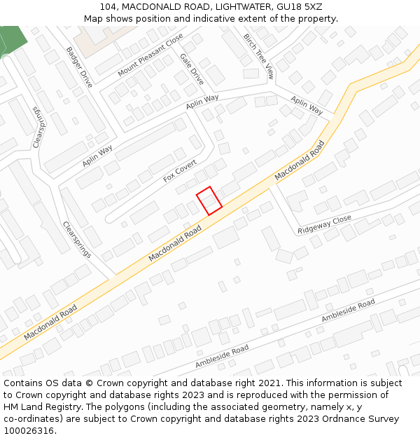 104, MACDONALD ROAD, LIGHTWATER, GU18 5XZ: Location map and indicative extent of plot