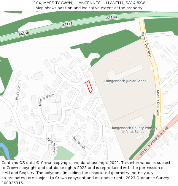 104, MAES TY GWYN, LLANGENNECH, LLANELLI, SA14 8XW: Location map and indicative extent of plot