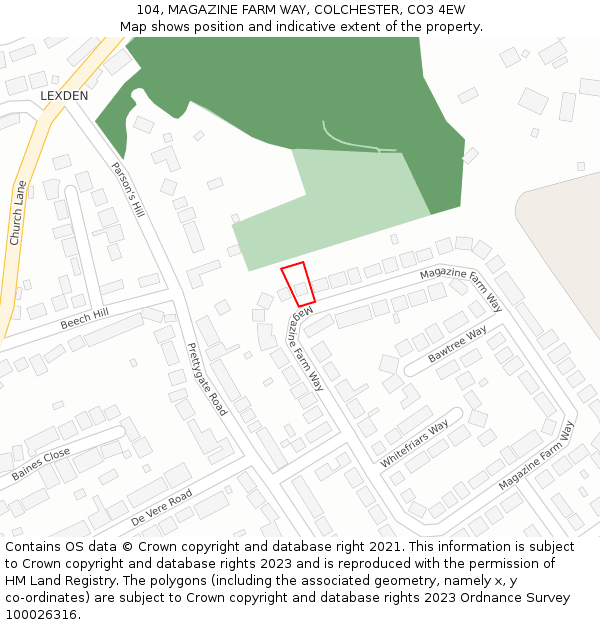 104, MAGAZINE FARM WAY, COLCHESTER, CO3 4EW: Location map and indicative extent of plot