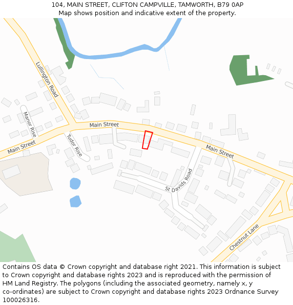 104, MAIN STREET, CLIFTON CAMPVILLE, TAMWORTH, B79 0AP: Location map and indicative extent of plot