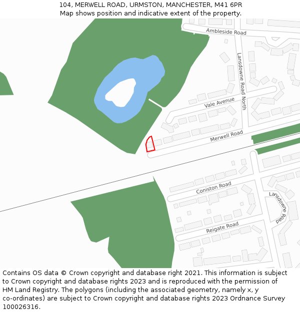 104, MERWELL ROAD, URMSTON, MANCHESTER, M41 6PR: Location map and indicative extent of plot