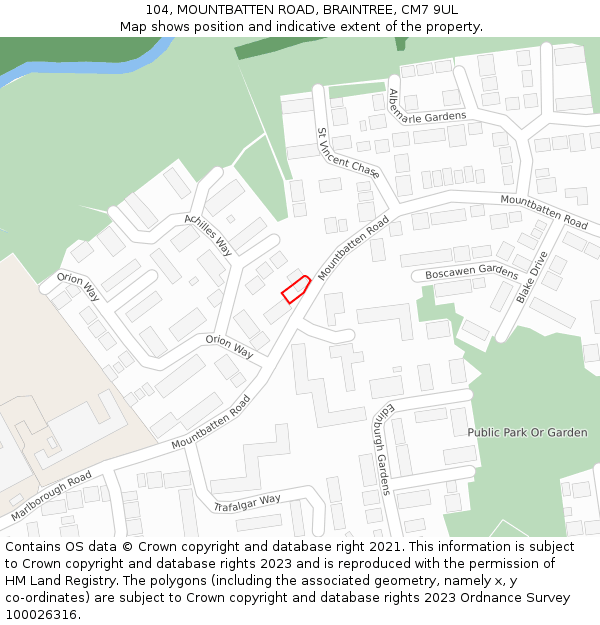 104, MOUNTBATTEN ROAD, BRAINTREE, CM7 9UL: Location map and indicative extent of plot