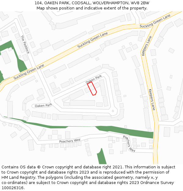 104, OAKEN PARK, CODSALL, WOLVERHAMPTON, WV8 2BW: Location map and indicative extent of plot