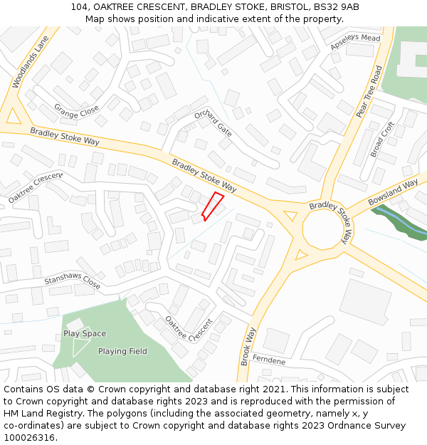 104, OAKTREE CRESCENT, BRADLEY STOKE, BRISTOL, BS32 9AB: Location map and indicative extent of plot