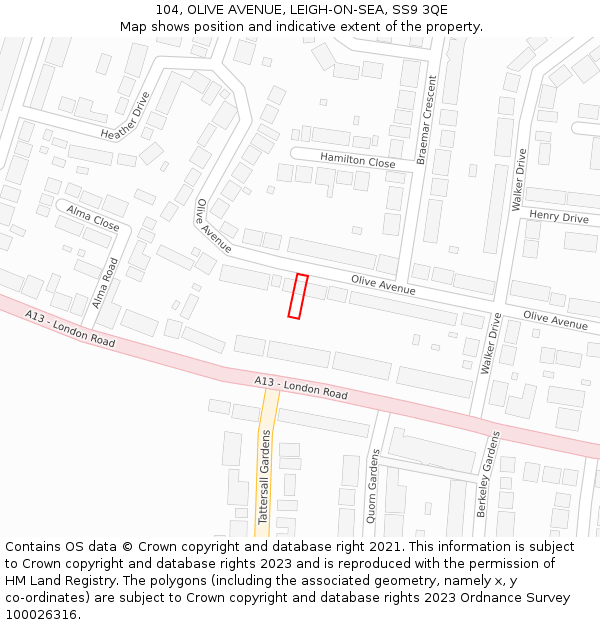 104, OLIVE AVENUE, LEIGH-ON-SEA, SS9 3QE: Location map and indicative extent of plot