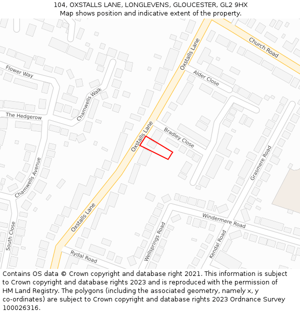 104, OXSTALLS LANE, LONGLEVENS, GLOUCESTER, GL2 9HX: Location map and indicative extent of plot