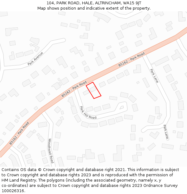 104, PARK ROAD, HALE, ALTRINCHAM, WA15 9JT: Location map and indicative extent of plot