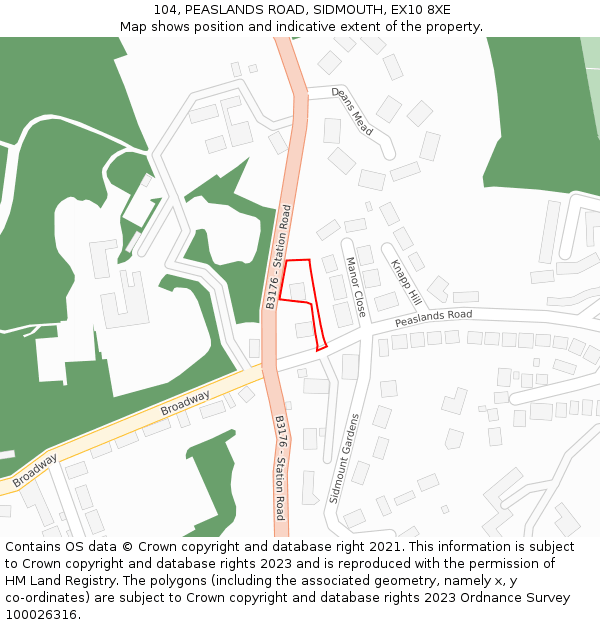 104, PEASLANDS ROAD, SIDMOUTH, EX10 8XE: Location map and indicative extent of plot