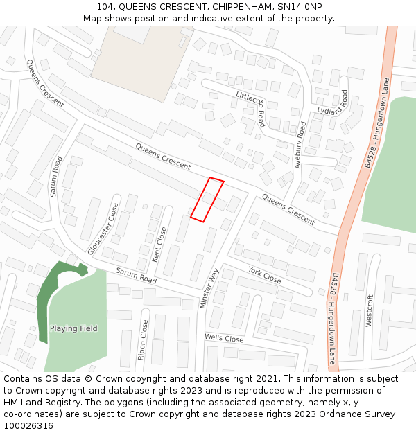 104, QUEENS CRESCENT, CHIPPENHAM, SN14 0NP: Location map and indicative extent of plot