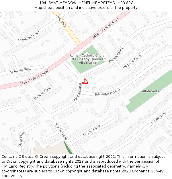 104, RANT MEADOW, HEMEL HEMPSTEAD, HP3 8PG: Location map and indicative extent of plot