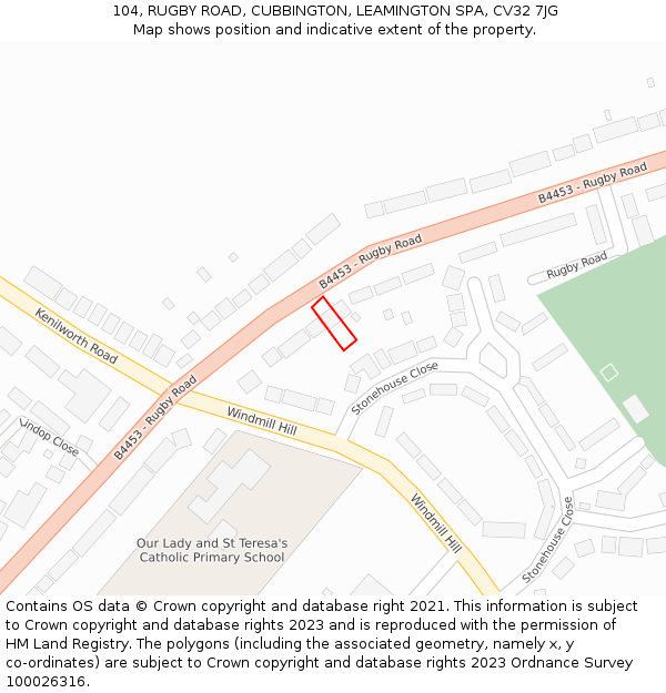 104, RUGBY ROAD, CUBBINGTON, LEAMINGTON SPA, CV32 7JG: Location map and indicative extent of plot