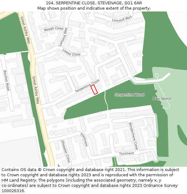 104, SERPENTINE CLOSE, STEVENAGE, SG1 6AR: Location map and indicative extent of plot