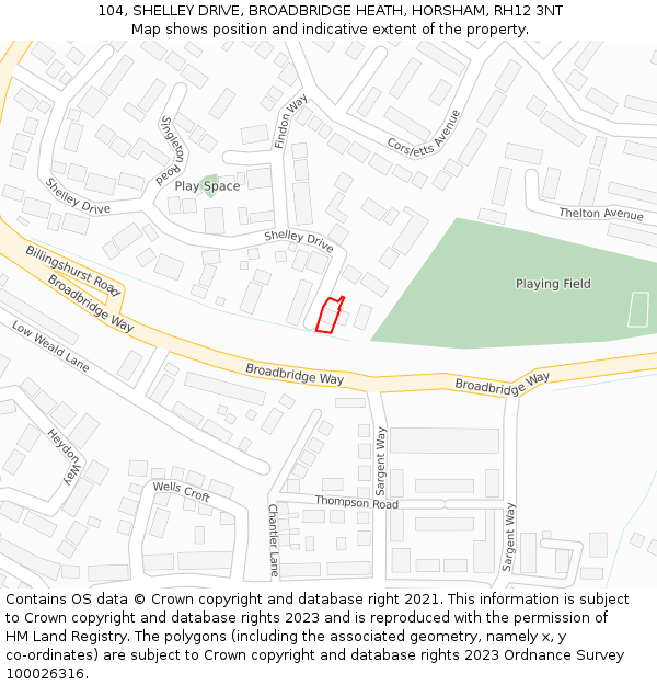 104, SHELLEY DRIVE, BROADBRIDGE HEATH, HORSHAM, RH12 3NT: Location map and indicative extent of plot