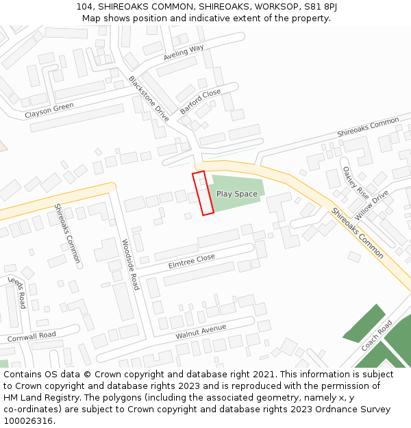 104, SHIREOAKS COMMON, SHIREOAKS, WORKSOP, S81 8PJ: Location map and indicative extent of plot