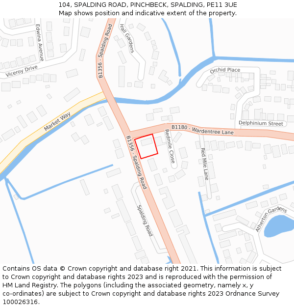 104, SPALDING ROAD, PINCHBECK, SPALDING, PE11 3UE: Location map and indicative extent of plot