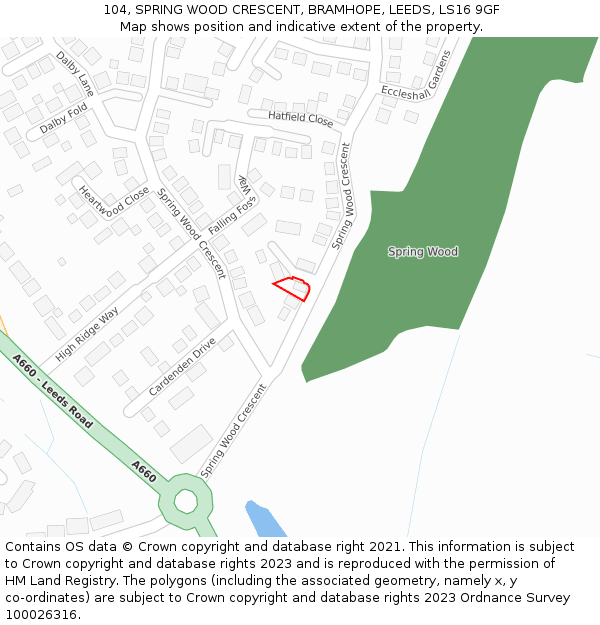 104, SPRING WOOD CRESCENT, BRAMHOPE, LEEDS, LS16 9GF: Location map and indicative extent of plot