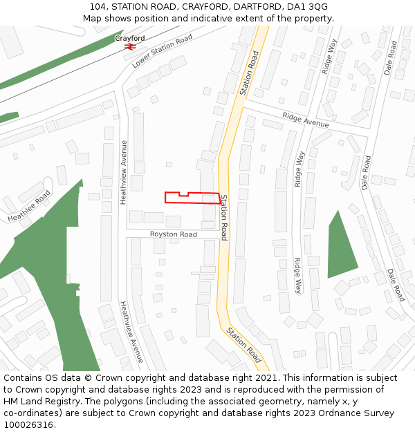 104, STATION ROAD, CRAYFORD, DARTFORD, DA1 3QG: Location map and indicative extent of plot