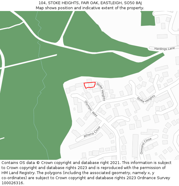 104, STOKE HEIGHTS, FAIR OAK, EASTLEIGH, SO50 8AJ: Location map and indicative extent of plot