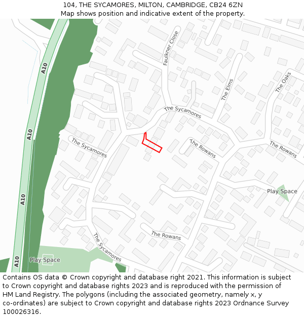 104, THE SYCAMORES, MILTON, CAMBRIDGE, CB24 6ZN: Location map and indicative extent of plot