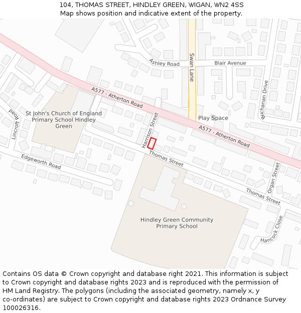 104, THOMAS STREET, HINDLEY GREEN, WIGAN, WN2 4SS: Location map and indicative extent of plot