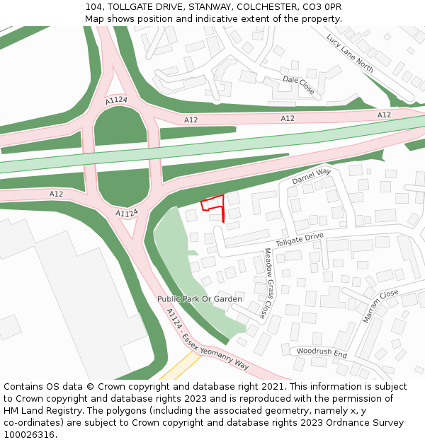 104, TOLLGATE DRIVE, STANWAY, COLCHESTER, CO3 0PR: Location map and indicative extent of plot