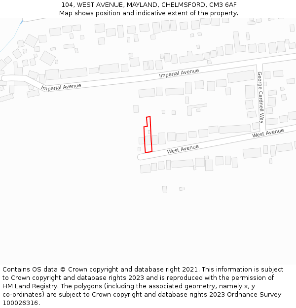 104, WEST AVENUE, MAYLAND, CHELMSFORD, CM3 6AF: Location map and indicative extent of plot