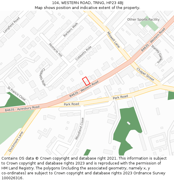104, WESTERN ROAD, TRING, HP23 4BJ: Location map and indicative extent of plot