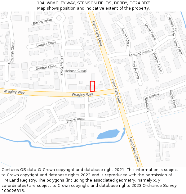 104, WRAGLEY WAY, STENSON FIELDS, DERBY, DE24 3DZ: Location map and indicative extent of plot