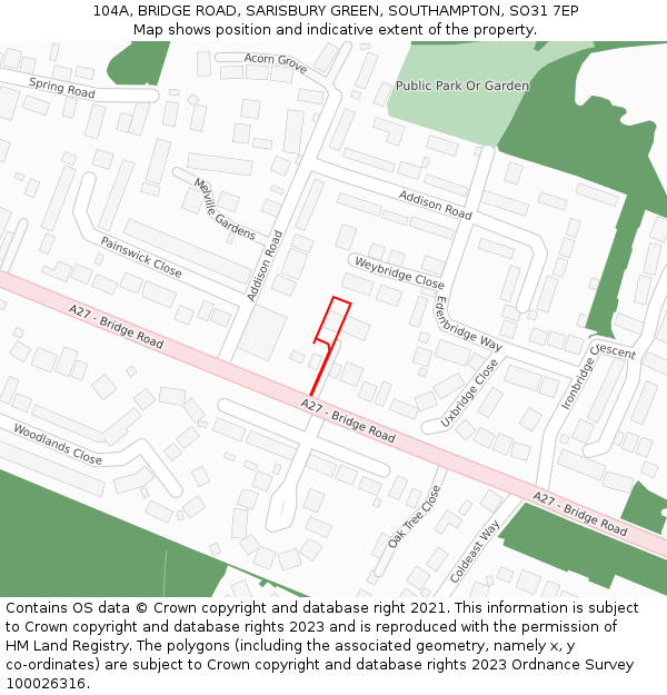 104A, BRIDGE ROAD, SARISBURY GREEN, SOUTHAMPTON, SO31 7EP: Location map and indicative extent of plot