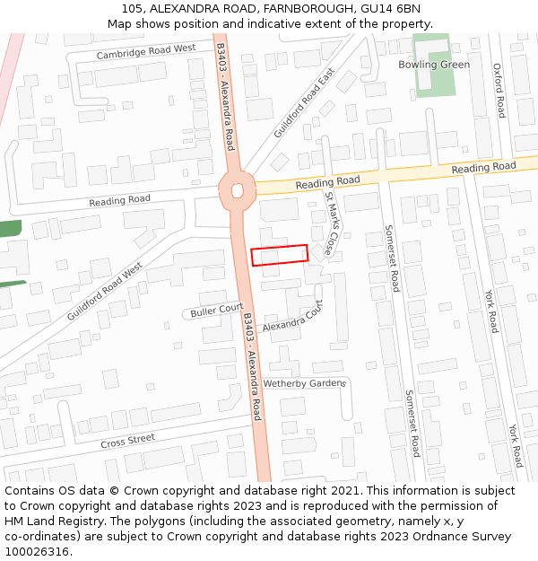 105, ALEXANDRA ROAD, FARNBOROUGH, GU14 6BN: Location map and indicative extent of plot