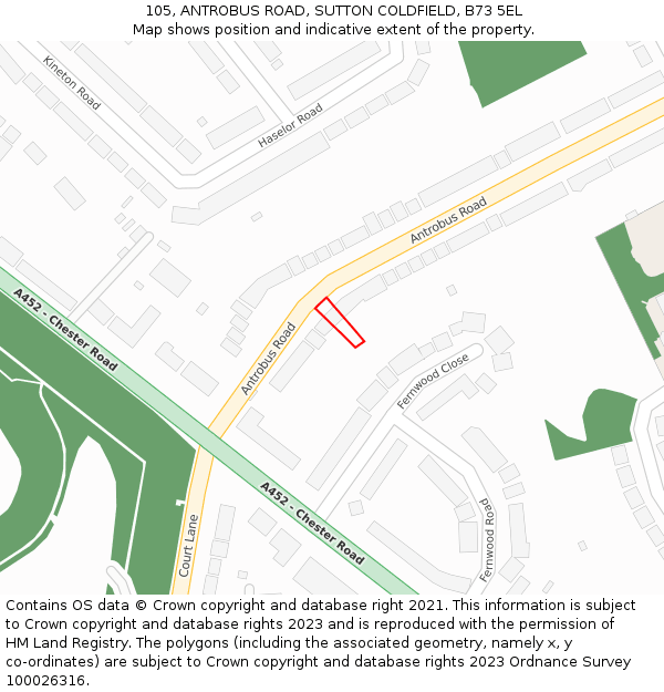 105, ANTROBUS ROAD, SUTTON COLDFIELD, B73 5EL: Location map and indicative extent of plot