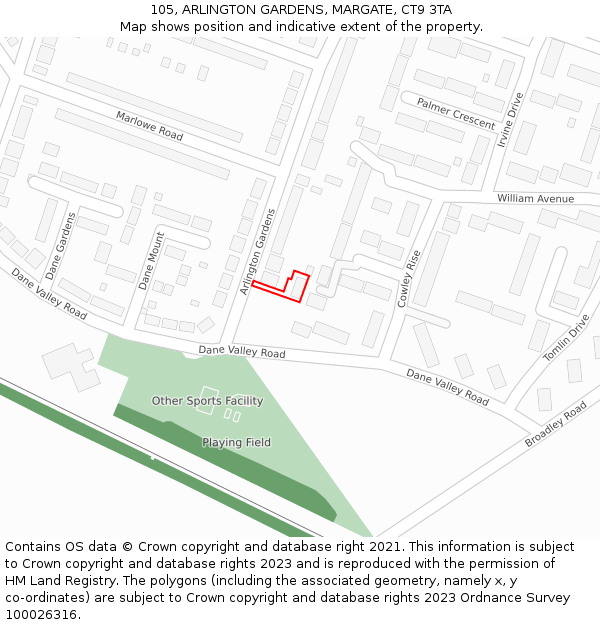 105, ARLINGTON GARDENS, MARGATE, CT9 3TA: Location map and indicative extent of plot