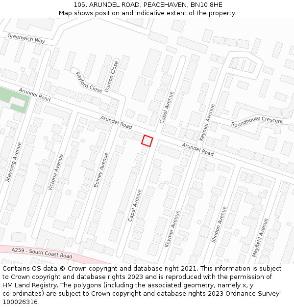 105, ARUNDEL ROAD, PEACEHAVEN, BN10 8HE: Location map and indicative extent of plot