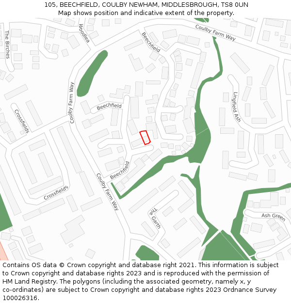 105, BEECHFIELD, COULBY NEWHAM, MIDDLESBROUGH, TS8 0UN: Location map and indicative extent of plot