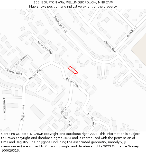 105, BOURTON WAY, WELLINGBOROUGH, NN8 2NW: Location map and indicative extent of plot