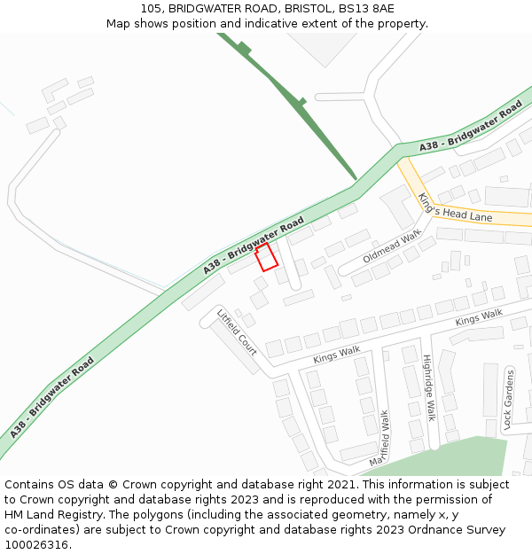 105, BRIDGWATER ROAD, BRISTOL, BS13 8AE: Location map and indicative extent of plot