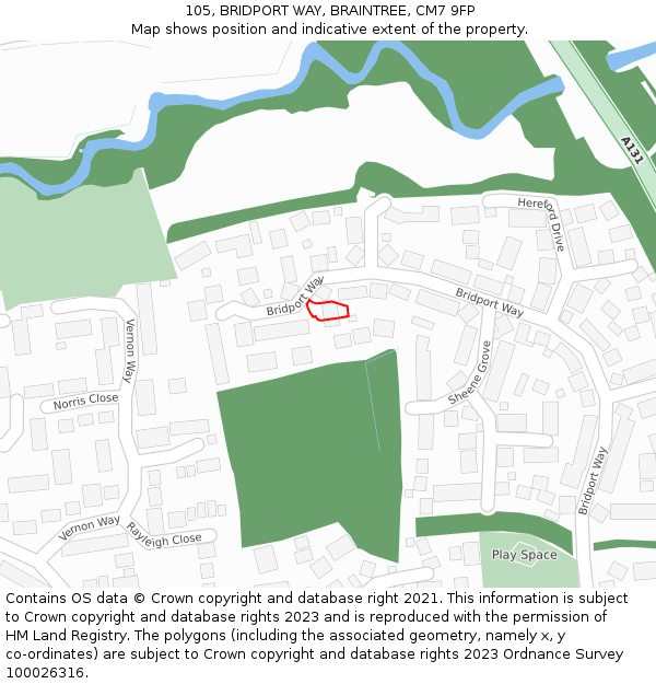 105, BRIDPORT WAY, BRAINTREE, CM7 9FP: Location map and indicative extent of plot