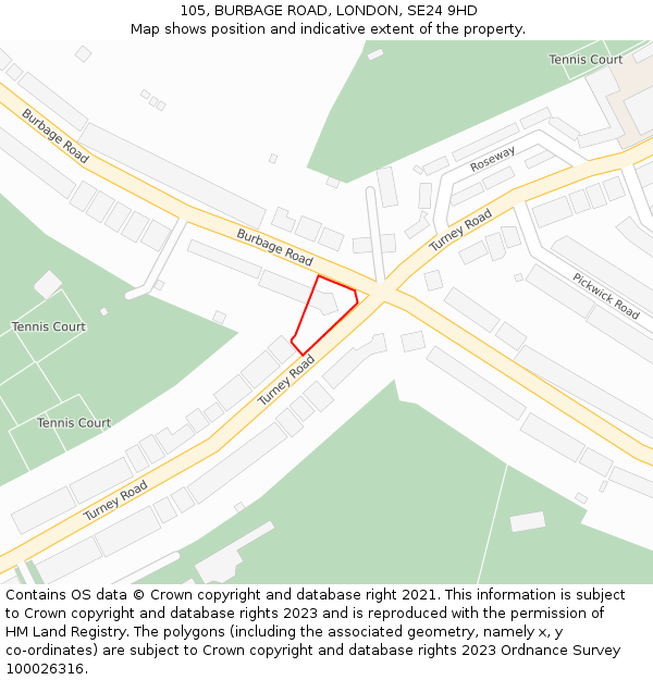 105, BURBAGE ROAD, LONDON, SE24 9HD: Location map and indicative extent of plot