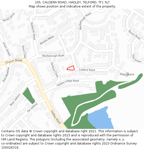 105, CALDERA ROAD, HADLEY, TELFORD, TF1 5LT: Location map and indicative extent of plot