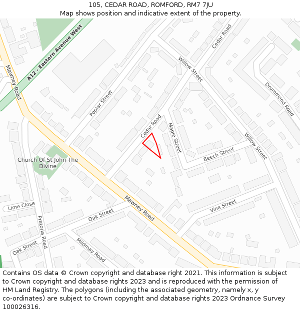 105, CEDAR ROAD, ROMFORD, RM7 7JU: Location map and indicative extent of plot