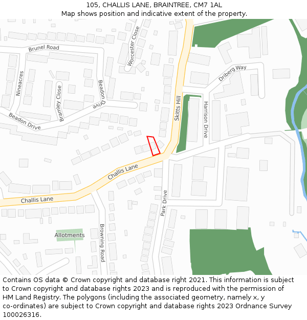 105, CHALLIS LANE, BRAINTREE, CM7 1AL: Location map and indicative extent of plot
