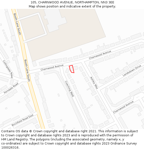 105, CHARNWOOD AVENUE, NORTHAMPTON, NN3 3EE: Location map and indicative extent of plot