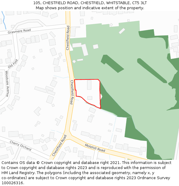 105, CHESTFIELD ROAD, CHESTFIELD, WHITSTABLE, CT5 3LT: Location map and indicative extent of plot