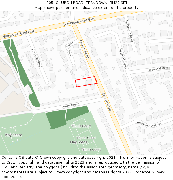 105, CHURCH ROAD, FERNDOWN, BH22 9ET: Location map and indicative extent of plot